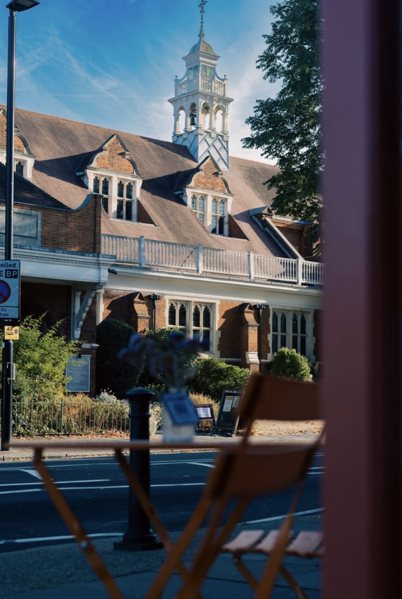 Chiswick street and clock tower seen from the café