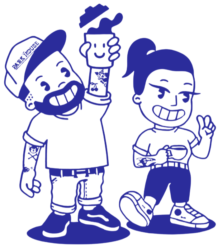 Illustration of two cartoon baristas, one raising a coffee