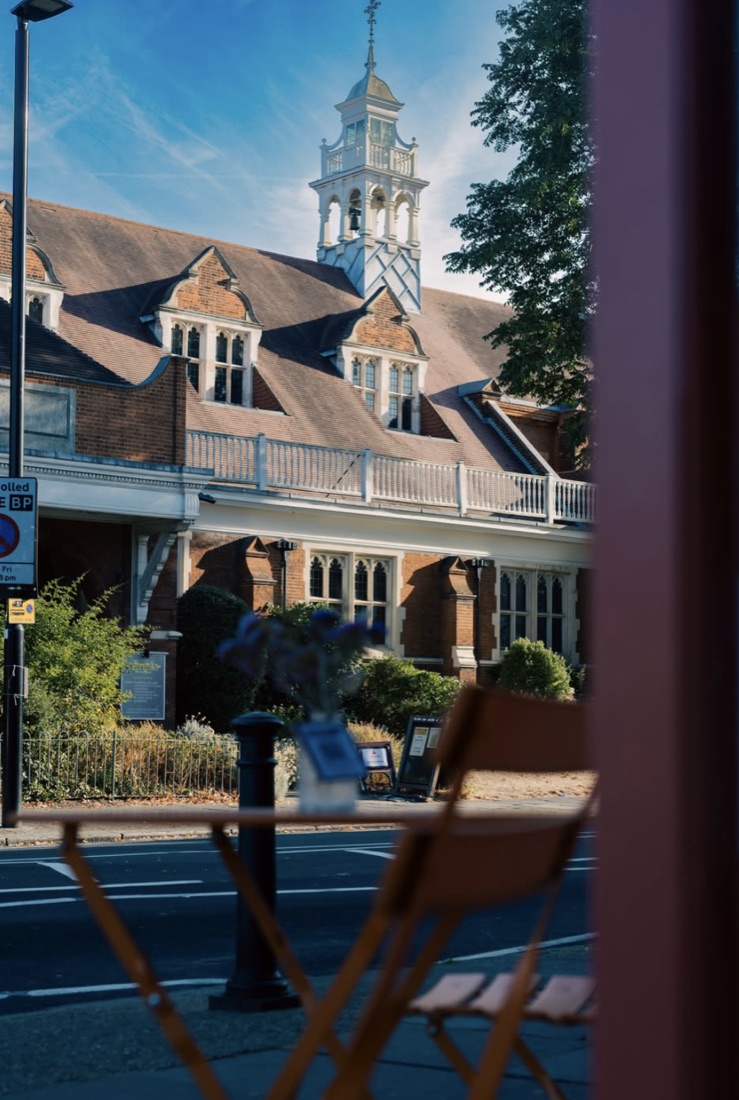 Chiswick street and clock tower seen from the café